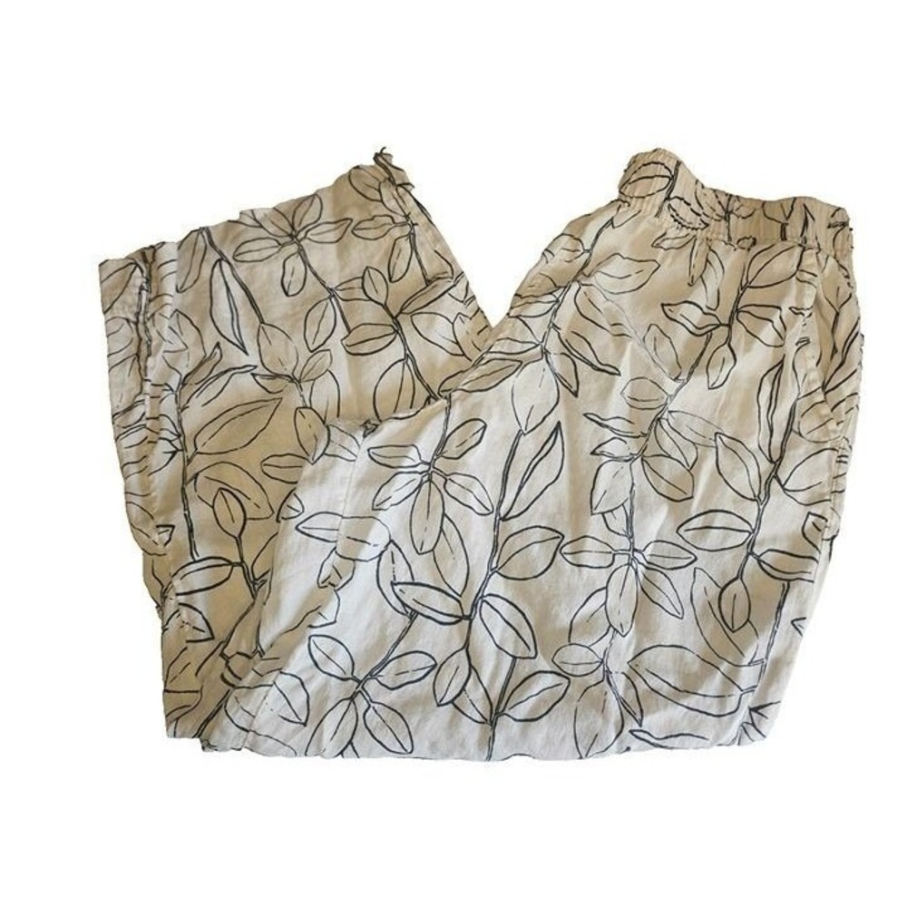 Cynthia Rowley 100%‎ Linen Wide Leg Crop Pants Leaf Botanical Print White Boho L - Picture 6 of 6